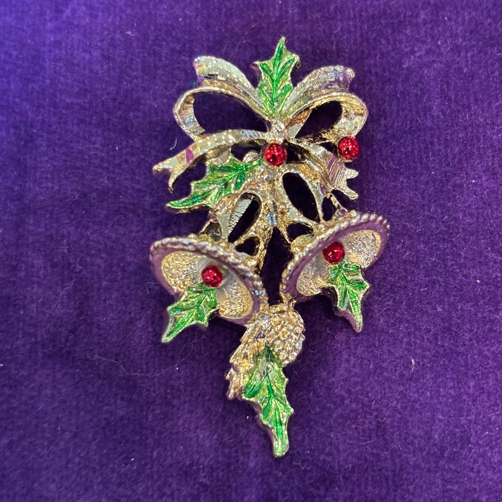Gerry's Vintage Christmas Bells Holly Enamel Red Green Gold Tone Brooch Pin